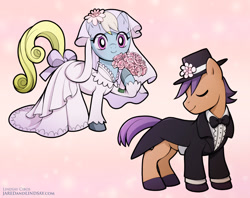 Size: 1200x948 | Tagged: safe, artist:jared hodges, artist:lindsay cibos, derpibooru import, oc, oc only, earth pony, pony, abstract background, bouquet, bow, bowtie, bride, clothes, colored hooves, dress, duo, duo male and female, eyes closed, female, flower, flower in hair, groom, hat, hoof hold, little pony drawing book, little pony fashion coloring book, male, mare, marriage, not shoeshine, smiling, stallion, stallion oc, tail, tail bow, top hat, tuxedo, unnamed oc, veil, wedding, wedding dress, wedding suit, wedding veil