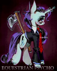 Size: 1660x2048 | Tagged: safe, artist:p0nyplanet, derpibooru import, rarity, pony, unicorn, g4, alternate cutie mark, american psycho, axe, clothes, colored hooves, female, glowing, glowing horn, gradient background, horn, jacket, magic, mare, necktie, parody, signature, solo, telekinesis, text, weapon