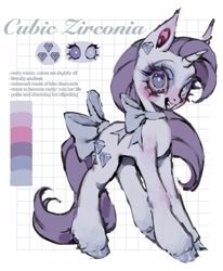 Size: 1686x2048 | Tagged: safe, artist:p0nyplanet, derpibooru import, oc, oc only, oc:cubic zirconia, mimic, pony, unicorn, bow, color palette, heterochromia, knee blush, nose blush, not rarity, reference sheet, shiny hoof, shoulder blush, solo, tail, tail bow