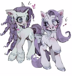 Size: 1946x2048 | Tagged: safe, artist:p0nyplanet, derpibooru import, rarity, oc, oc:cubic zirconia, mimic, pony, unicorn, duo, ear piercing, heterochromia, horn, jewelry, necklace, piercing, simple background, unicorn oc, white background, worried