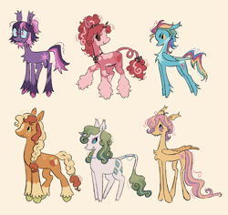 Size: 1699x1601 | Tagged: safe, artist:webkinzworldz, derpibooru import, applejack, fluttershy, pinkie pie, rainbow dash, rarity, twilight sparkle, earth pony, pegasus, pony, unicorn, g4, alternate color palette, alternate design, alternate eye color, alternate hair color, alternate hairstyle, bow, braid, braided ponytail, braided tail, cloven hooves, coat markings, colored hooves, colored wings, colored wingtips, ear fluff, ear tufts, ears, earth pony twilight, eyeshadow, fangs, female, fetlock tuft, glasses, group, hair bow, horn, horn jewelry, jewelry, leonine tail, makeup, mane six, mare, messy mane, messy tail, multicolored mane, multicolored tail, necklace, ponytail, race swap, redesign, sextet, simple background, smiling, socks (coat marking), splotches, standing, tail, tail bow, tail jewelry, tallershy, unicorn pinkie pie, unshorn fetlocks, wings, yellow background