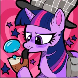 Size: 1170x1170 | Tagged: safe, artist:neongin, derpibooru import, twilight sparkle, pony, unicorn, g4, mmmystery on the friendship express, bag, bubble, bubble pipe, colorful, cute, deerstalker, detective, detective twilight, female, hat, heart, heart background, horn, mare, pipe, reference, saddle bag, sherlock sparkle, solo, stars, trace