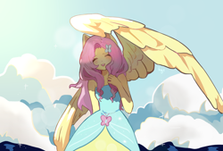 Size: 1024x691 | Tagged: safe, artist:bonyagreen1, derpibooru import, fluttershy, human, equestria girls, g4, bare shoulders, clothes, cute, dress, eyes closed, fall formal outfits, female, large wings, open mouth, open smile, pretty, sleeveless, sleeveless dress, smiling, solo, strapless, wing umbrella, wings