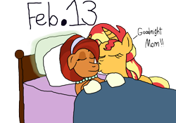 Size: 3568x2500 | Tagged: safe, artist:bigpurplemuppet99, derpibooru import, stellar flare, sunset shimmer, g4, alternate universe, bed, daughter, female, implied sunny siblings, kiss on the cheek, kissing, mother, mother and child, mother and daughter, parent and child, simple background, transparent background