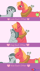 Size: 932x1660 | Tagged: safe, artist:jhock775, derpibooru import, big macintosh, marble pie, earth pony, pony, g4, ^^, comic, cute, daaaaaaaaaaaw, duo, eyes closed, female, freckles, hug, kissing, looking at each other, looking at someone, male, marblebetes, mare, meme, pink background, ship:marblemac, shipping, simple background, smiling, smiling at each other, stallion, straight, wholesome