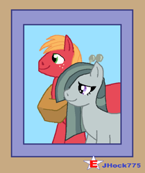 Size: 572x684 | Tagged: safe, artist:jhock775, derpibooru import, big macintosh, marble pie, earth pony, pony, clubhouse, crusaders clubhouse, duo, female, freckles, male, mare, photo, ship:marblemac, shipping, smiling, stallion, straight, wall