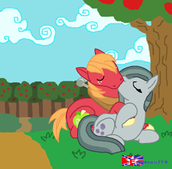 Size: 804x788 | Tagged: safe, artist:jhock775, derpibooru import, big macintosh, marble pie, earth pony, pony, g4, apple, apple tree, cute, daaaaaaaaaaaw, duo, eyes closed, female, freckles, holding hooves, kiss on the lips, kissing, lying down, male, marblebetes, mare, ship:marblemac, shipping, stallion, straight, sweet apple acres, tree, wholesome