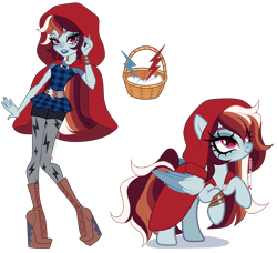 Size: 3300x3010 | Tagged: safe, artist:gihhbloonde, derpibooru import, rainbow dash, human, pegasus, pony, equestria girls, belt, boots, bracelet, cerise hood, cloak, closed mouth, clothes, colored wings, colored wingtips, crossover fusion, ever after high, female, fusion, hood, jewelry, leg wraps, lightly watermarked, looking at you, looking up, mare, plaid, pose, reading, red eyes, self paradox, self ponidox, shirt, shoes, shorts, simple background, smiling, solo, standing, transparent background, watermark, wedge heel, wings