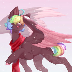 Size: 1280x1280 | Tagged: safe, artist:nnniru, derpibooru import, oc, pegasus, pony, clothes, colored wings, hair over eyes, scarf, solo, tongue, tongue out, two toned wings, wings