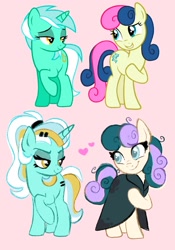 Size: 1431x2048 | Tagged: safe, artist:carouselunique, derpibooru import, bon bon, lyra heartstrings, sweetie drops, earth pony, pony, unicorn, g4, alternate universe, blind, cloak, clothes, duo, duo female, female, floating heart, heart, horn, implied starlight glimmer, implied sunburst, lesbian, lidded eyes, looking at each other, looking at someone, lyrabon, mare, messy mane, pink background, raised hoof, raised leg, redesign, shipping, simple background, tail