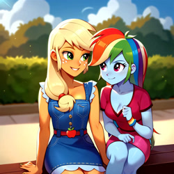 Size: 3000x3000 | Tagged: safe, ai content, derpibooru import, generator:pony diffusion v6 xl, generator:stable diffusion, machine learning generated, applejack, rainbow dash, equestria girls, g4, anonymous prompter, appledash, beautiful, breasts, cleavage, clothes, dress, female, lesbian, minidress, sexy, shipping, sitting, thighs