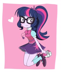 Size: 1945x2325 | Tagged: safe, artist:cheesesauce_45, derpibooru import, sci-twi, twilight sparkle, human, equestria girls, g4, spoiler:eqg specials, abstract background, blushing, box of chocolates, female, geode of telekinesis, glasses, heart, holiday, humanized, jewelry, looking at you, magical geodes, necklace, paraskirt, passepartout, ponytail, scrunchie, smiling, solo, valentine's day