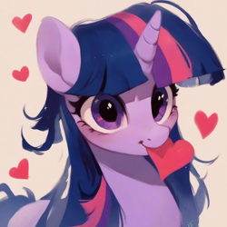 Size: 922x923 | Tagged: safe, ai content, derpibooru import, generator:purplesmart.ai, generator:stable diffusion, machine learning assisted, machine learning generated, twilight sparkle, pony, unicorn, g4, big eyes, blue hair, blue mane, blushing, cute, detailed hair, heart, hearts and hooves day, looking at you, prompter:saltyvity, purple eyes, simple background, smiley face, smiling, smiling at you, solo