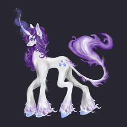 Size: 1280x1280 | Tagged: safe, artist:cyanideee, derpibooru import, rarity, classical unicorn, pony, unicorn, g4, cloven hooves, curved horn, ear piercing, eyelashes, eyeshadow, female, glowing, glowing horn, horn, leonine tail, long legs, long tail, looking at you, magic, magic aura, makeup, piercing, purple mane, purple tail, side view, simple background, slender, solo, tail, thin, unicorn horn, unshorn fetlocks, wavy hair, white coat