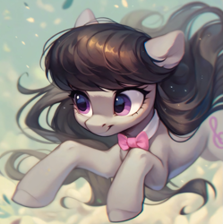 Size: 923x927 | Tagged: safe, ai content, derpibooru import, generator:purplesmart.ai, generator:stable diffusion, machine learning assisted, machine learning generated, octavia melody, earth pony, pony, g4, beautiful, big eyes, black mane, bow, cute, cutie mark, detailed hair, ear fluff, ears, happy, leaf, long hair, prompter:saltyvity, purple eyes, simple background, smiley face, smiling, solo, sparkles