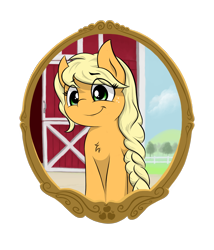 Size: 1200x1400 | Tagged: safe, artist:whiro153, derpibooru import, applejack, earth pony, pony, g4, alternate hairstyle, braid, cute, frame, jackabetes, simple background, solo, transparent background