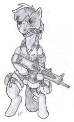 Size: 600x985 | Tagged: safe, artist:dombrus, derpibooru import, semi-anthro, cigar, clothes, gun, looking at you, monochrome, solo, stallion oc, traditional art, weapon