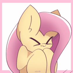 Size: 1000x1000 | Tagged: safe, artist:miryelis, derpibooru import, fluttershy, pegasus, pony, g4, ><, animated, big ears, cute, ears, eyes closed, female, gif, heart, mare, shyabetes, signature, smiling, solo