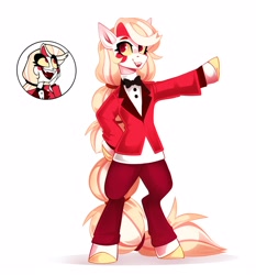 Size: 2328x2500 | Tagged: safe, artist:buvanybu, derpibooru import, demon, demon pony, pony, bipedal, blushing, charlie morningstar, clothes, colored hooves, crossover, ear blush, fangs, female, hazbin hotel, looking up, open mouth, open smile, ponified, smiling, solo, species swap, suit