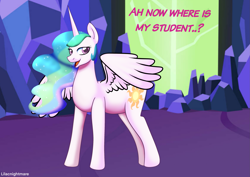 Size: 2283x1614 | Tagged: safe, artist:lilacnightmare, derpibooru import, part of a set, princess celestia, alicorn, pony, g4, female, implied twilight sparkle, mare, no tail, open mouth, solo, standing, text, twilight's castle