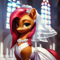 Size: 1024x1024 | Tagged: safe, ai content, derpibooru import, generator:purplesmart.ai, generator:stable diffusion, machine learning generated, babs seed, earth pony, pony, g4, church, clothes, dress, female, looking at you, mare, older, prompter:maresforever, smiling, solo, veil, wedding dress, wedding veil