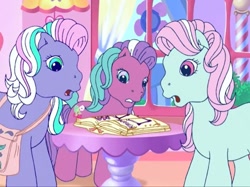 Size: 1200x897 | Tagged: safe, derpibooru import, screencap, minty, razzaroo, sweetberry, earth pony, pony, a charming birthday, g3, bag, book, cotton candy cafe, female, looking at something, mare, table, trio, trio female, worried