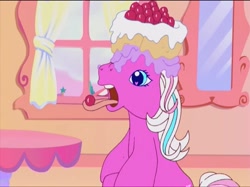 Size: 1200x898 | Tagged: safe, derpibooru import, screencap, cotton candy (g3), earth pony, pony, a charming birthday, g3, cake, cotton candy cafe, female, food, food on face, mare, solo, tongue, tongue out