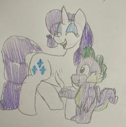 Size: 1048x1056 | Tagged: safe, artist:powerpup97, derpibooru import, rarity, spike, dragon, pony, unicorn, g4, duo, eyes closed, eyeshadow, feather, female, laughing, makeup, male, mare, shipping, smiling, sparity, straight, tickling, traditional art, winged spike, wings