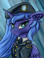 Size: 768x1024 | Tagged: safe, artist:kirieshka, derpibooru import, princess luna, alicorn, pony, equestria at war mod, blue eyes, bust, clothes, eaw: countdown to midnight, hair, hat, marker, marks, military pony, military uniform, portrait, princess, signs, solo, uniform, uniform hat, war