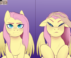 Size: 3144x2550 | Tagged: safe, artist:evlass, derpibooru import, fluttershy, human, pegasus, pony, g4, behaving like a cat, blushing, chest fluff, ears, faic, female, floppy ears, gradient background, hand, mare, petting, ponified animal photo, solo