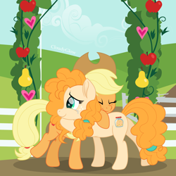 Size: 1600x1600 | Tagged: safe, artist:cloudy glow, derpibooru import, applejack, pear butter, earth pony, pony, g4, apple, applejack's hat, clothes, cowboy hat, crying, cute, eyes closed, female, food, hat, hug, jackabetes, mare, mother and child, mother and daughter, parent and child, pear, smiling, sweet apple acres, tears of joy