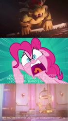 Size: 669x1196 | Tagged: safe, derpibooru import, edit, edited screencap, editor:questphillips, screencap, pinkie pie, earth pony, g4, pinkie pride, angry, bowser, cage, crossover, defeat, female, jack black, koopa, male, musical instrument, nintendo, peaches (song), piano, quiet, shut up, super mario bros., the super mario bros. movie