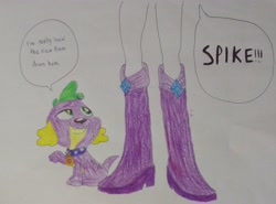 Size: 3969x2930 | Tagged: safe, anonymous artist, derpibooru import, rarity, spike, dog, human, equestria girls, g4, boots, boots shot, colored, eyes on the prize, female, high heel boots, legs, male, pervert, pictures of legs, shipping, shipping fuel, shoes, sparity, speech bubble, straight, traditional art