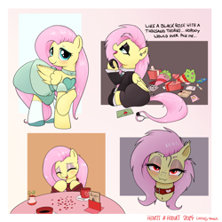 Size: 6300x6300 | Tagged: safe, artist:whiskeypanda, derpibooru import, fluttershy, parcel post, post haste, bat pony, pegasus, pony, abstract background, bat ponified, bedroom eyes, blushing, bouquet, bust, chocolates, clothes, collage, collar, date, dramatic, dress, dvd, ear piercing, eyes closed, eyeshadow, fangs, female, flower, flutterbat, fluttergoth, glowing, glowing eyes, hearts and hooves day, hearts and hooves day card, hoof polish, jewelry, laughing, letter, looking at you, looking up, makeup, mare, menu, monologue, multeity, piercing, present, race swap, raised hoof, raised leg, restaurant, scroll, shoes, shy, sitting, smiling, socks, talking