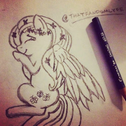 Size: 640x640 | Tagged: safe, artist:bow2yourwaifu, derpibooru import, fluttershy, pegasus, pony, g4, butt, cute, flutterbutt, plot, smiling, traditional art