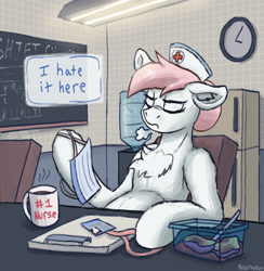 Size: 2271x2328 | Tagged: safe, artist:reddthebat, derpibooru import, nurse redheart, earth pony, pony, g4, chair, chalkboard, chest fluff, clock, coffee mug, dialogue, ear fluff, ears, eyes closed, female, floppy ears, id card, mare, mask, mug, nurse, refrigerator, sitting, solo, surgical mask, table