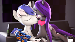 Size: 3840x2160 | Tagged: safe, artist:scratch_wub, derpibooru import, oc, oc only, oc:etheria galaxia, oc:scratch wub, alicorn, unicorn, 3d, alicorn oc, blushing, chips, coffee, controller, doritos, drink, energy drink, female, food, glasses, high res, holiday, horn, kiss on the cheek, kissing, male, monster energy, oc x oc, ship:scratchtheria, shipping, sofa, source filmmaker, unicorn oc, valentine's day, wings
