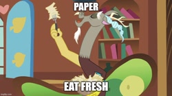 Size: 888x499 | Tagged: safe, derpibooru import, edit, edited screencap, screencap, discord, draconequus, g4, keep calm and flutter on, caption, eating, fluttershy's cottage (interior), fork, image macro, imgflip, open mouth, paper, reference, solo, subway, text