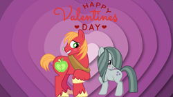 Size: 1277x720 | Tagged: artist needed, safe, anonymous artist, artist:cloudy glow, derpibooru import, big macintosh, marble pie, earth pony, pony, g4, blushing, cute, daaaaaaaaaaaw, duo, female, freckles, grin, heart, heart background, hearts and hooves day, holiday, male, marblebetes, mare, raised hoof, raised leg, ship:marblemac, shipping, shy, smiling, song in the description, stallion, straight, valentine's day, valentine's day card, valentine's day picture, wholesome