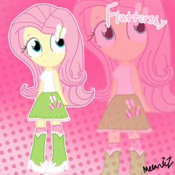 Size: 750x750 | Tagged: safe, artist:munyaz, derpibooru import, fluttershy, equestria girls, g4, boots, clothes, gradient background, high heel boots, pink background, shirt, shoes, simple background, skirt, socks, solo