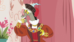 Size: 1280x720 | Tagged: safe, derpibooru import, screencap, discord, draconequus, discordant harmony, discord viii, discord's house, dripcord, hat, henry viii, nervous, solo, tudor cap