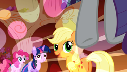 Size: 1280x720 | Tagged: safe, derpibooru import, screencap, applejack, pinkie pie, rarity, twilight sparkle, unicorn twilight, earth pony, pony, unicorn, g4, sonic rainboom (episode), applebutt, butt, excited, excitement, golden oaks library, open mouth, out of context, plot, rear view, smiling