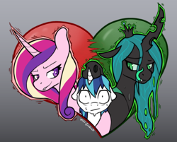 Size: 2480x1996 | Tagged: safe, artist:wild-thunder06, derpibooru import, princess cadance, queen chrysalis, shining armor, alicorn, changeling, changeling queen, pony, unicorn, g4, bisexual, chrysarmordance, death by snu snu, female, gradient background, height difference, holiday, male, polyamory, shipping, straight, valentine, valentine's day