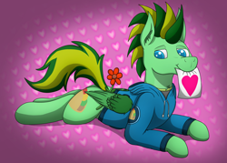Size: 5418x3883 | Tagged: safe, artist:tacomytaco, derpibooru import, oc, oc only, oc:taco.m.tacoson, clothes, gradient background, heart, hearts and hooves day, holiday, hoodie, looking at you, male, mouth hold, sign, solo, valentine's day, wing hold, wings