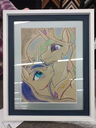 Size: 3120x4160 | Tagged: safe, artist:edgarkingmaker, derpibooru import, princess celestia, princess luna, alicorn, pony, g4, colored pencil drawing, crown, duo, duo female, etsy, eye contact, female, framed picture, high res, jewelry, looking at each other, looking at someone, mare, peytral, photo, regalia, royal sisters, siblings, sisters, smiling, smiling at each other, spread wings, traditional art, wings
