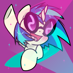 Size: 730x730 | Tagged: safe, artist:paperbagpony, derpibooru import, dj pon-3, vinyl scratch, pony, unicorn, g4, blushing, cute, female, glasses, happy, mare, open mouth, open smile, smiling, solo, sparkles, sunglasses, vinylbetes