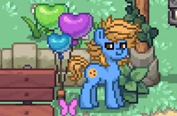 Size: 761x500 | Tagged: safe, derpibooru import, oc, oc only, oc:blue cookie, butterfly, earth pony, pony, balloon, bedroom eyes, earth pony oc, grin, heart, heart balloon, holiday, male, photo, pony town, smiling, solo, stallion, valentine's day