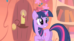 Size: 1280x720 | Tagged: safe, derpibooru import, screencap, twilight sparkle, unicorn twilight, unicorn, g4, owl's well that ends well, butt, golden oaks library, looking back, plot, solo, surprised, surprised face, twibutt