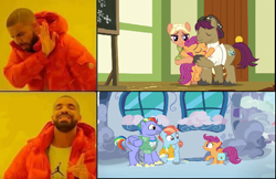 Size: 670x435 | Tagged: artist needed, safe, anonymous artist, derpibooru import, edit, edited screencap, screencap, bow hothoof, mane allgood, scootaloo, snap shutter, windy whistles, pegasus, pony, parental glideance, the last crusade, clothes, cute, cutealoo, female, filly, foal, hat, hotline bling, hug, jacket, looking at each other, looking at someone, male, mare, meme, smiling, smiling at each other, stallion