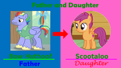 Size: 1600x900 | Tagged: artist needed, safe, anonymous artist, derpibooru import, bow hothoof, scootaloo, pony, adopted, adopted offspring, caption, duo, father and child, father and daughter, female, filly, foal, headcanon, headcanon in the description, if only, image macro, male, meme, parent and child, scootadoption, scootalove, stallion, text